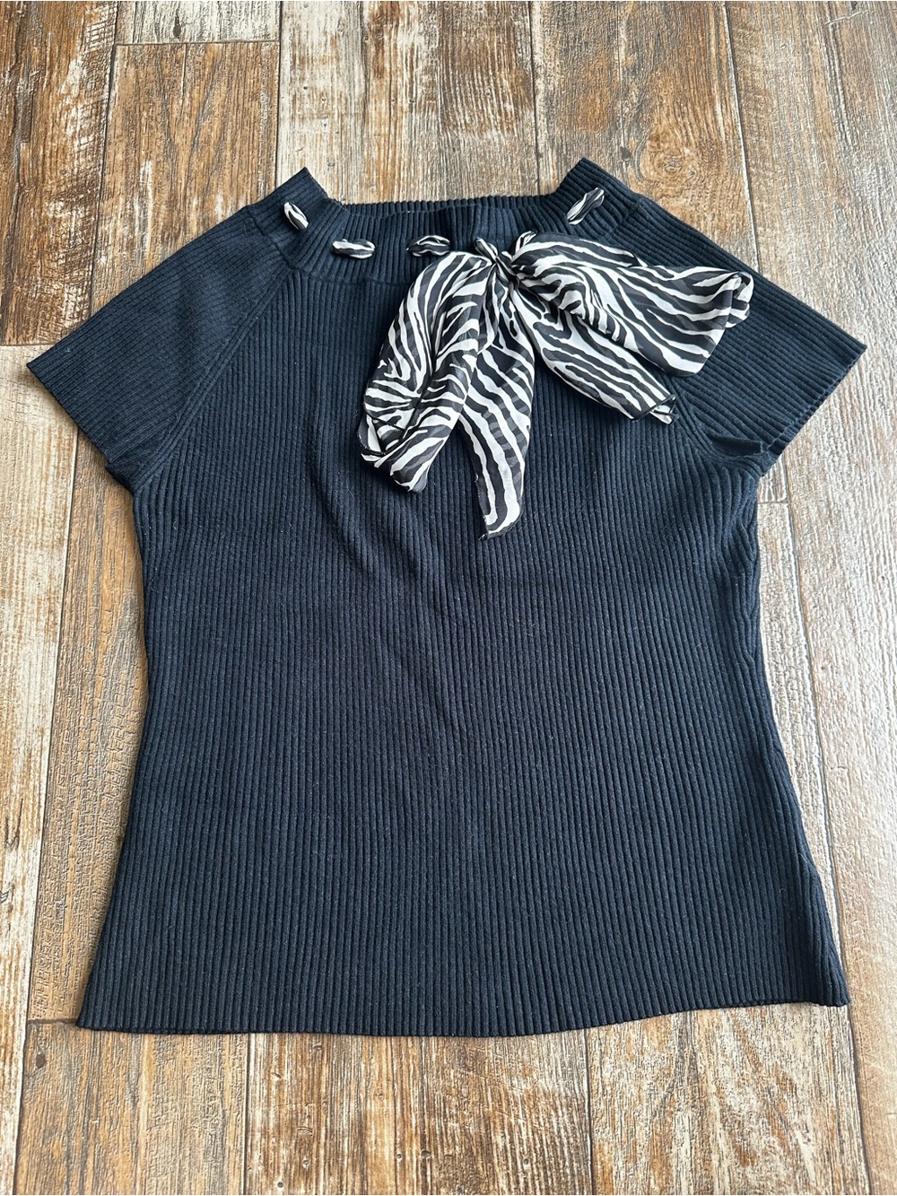 George Ribbed Knit Short Sleeve Pullover Top Zebra Neck Tie Y2K 90s Womens XL